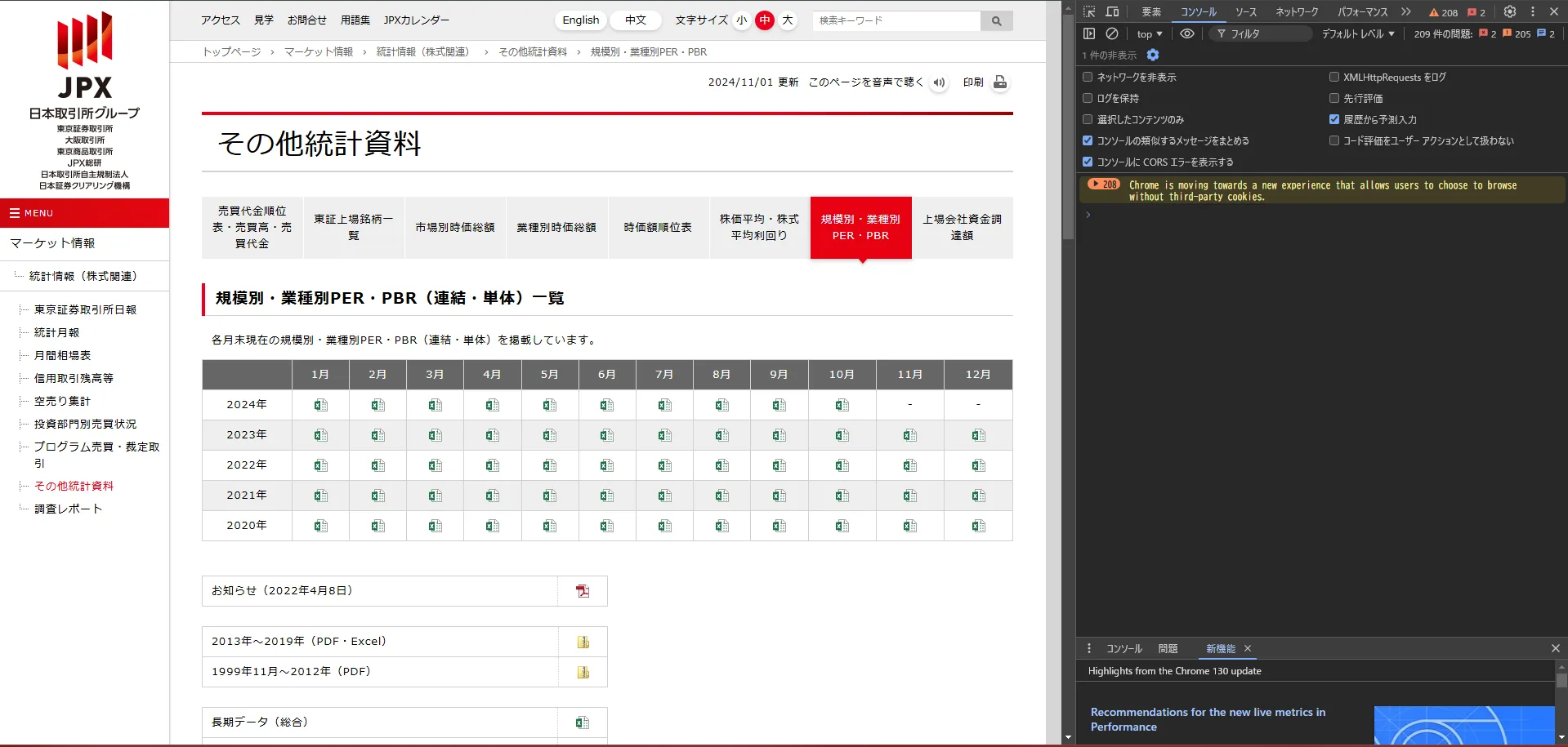 日本取引所グループHP 規模別・業種別PER・PBR(連結・単体)一覧