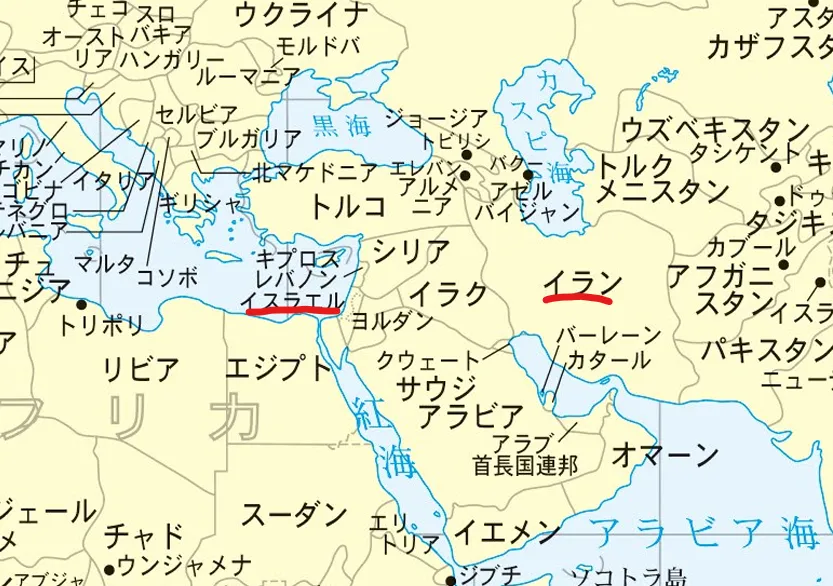 中東付近の世界地図